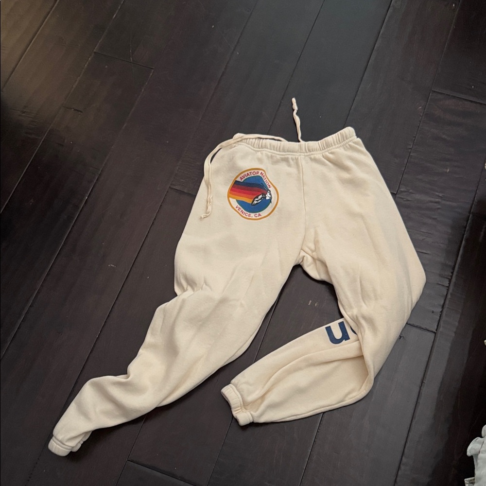 Aviator Nation Cream Joggers with Rainbow Logo